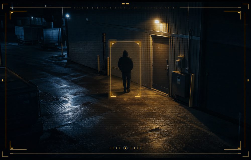 Evidence frame: a person confirmed and boxed at a side gate after hours, timestamped and risk-scored.