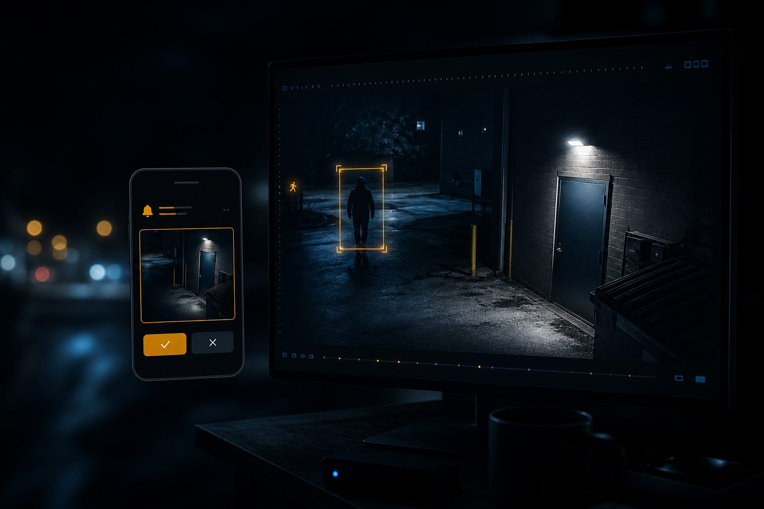 A night camera view boxes and tracks a person after hours outside a back door, with the same alert already on a phone beside the monitor.