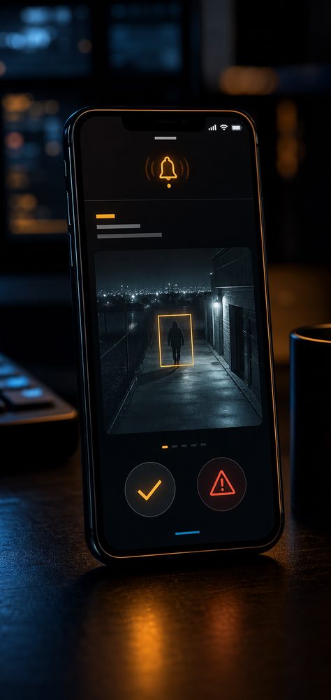 A Telegram alert on a phone: a person boxed after hours, with All clear and Escalate buttons.
